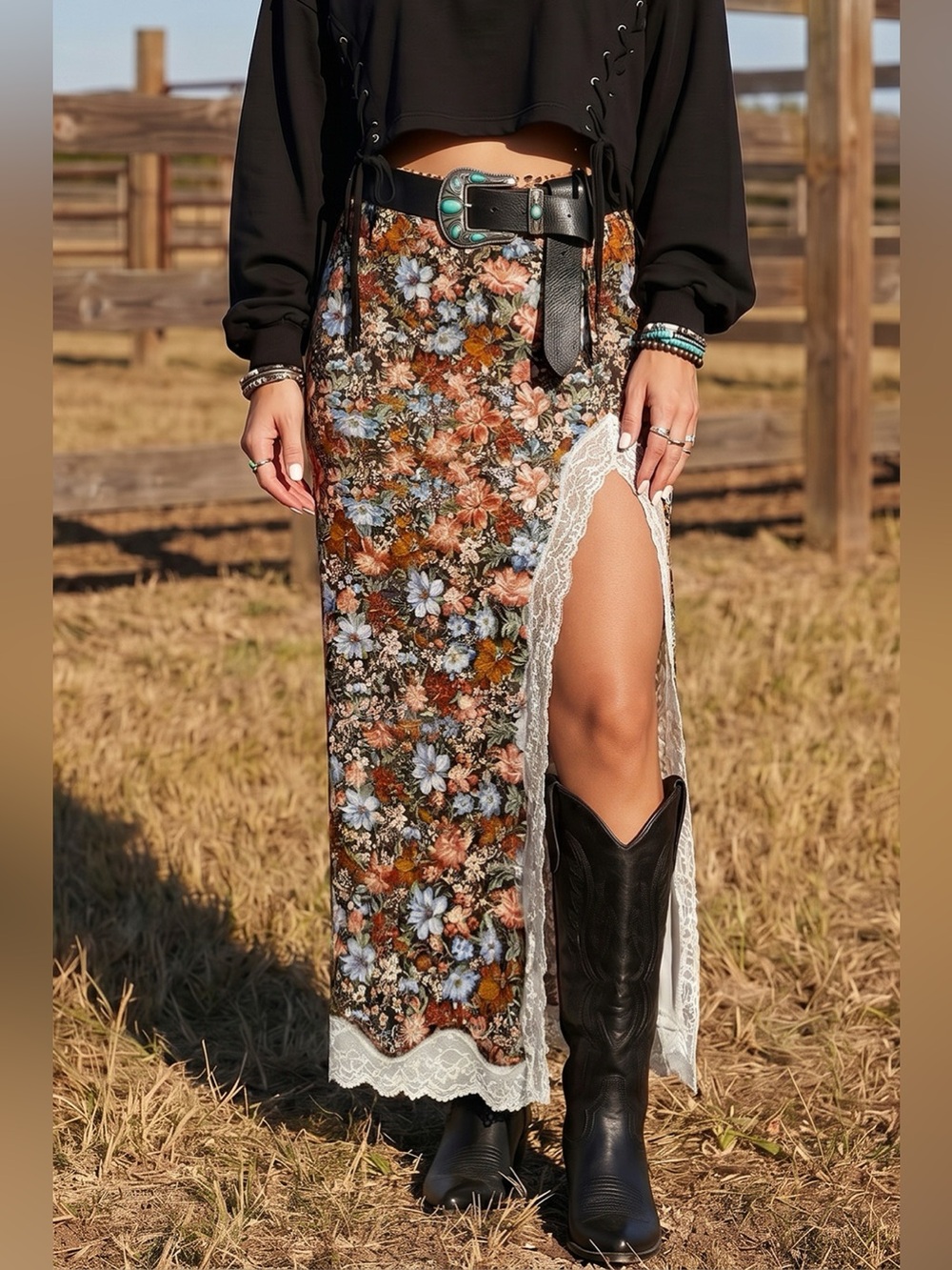 Multicolour Cheetah Print Trim Split Long Western Skirt
